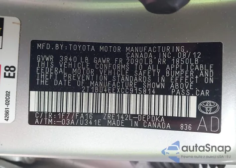 2012 Toyota Corolla L из США, поврежденный, VIN 2T1BU4EEXCC915814